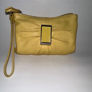 Audrey Brooke Leather Wristlet Wallet Clutch Strap Sunny Yellow Zip Closure